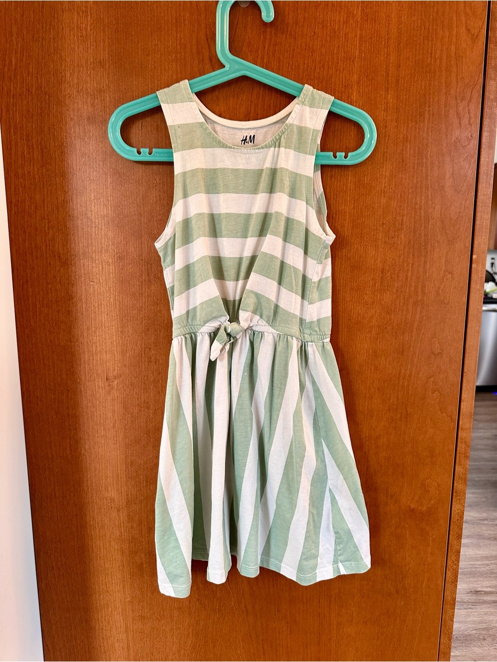 H&M Girls' Light Green and White Striped Tie-Waist Tank Dress